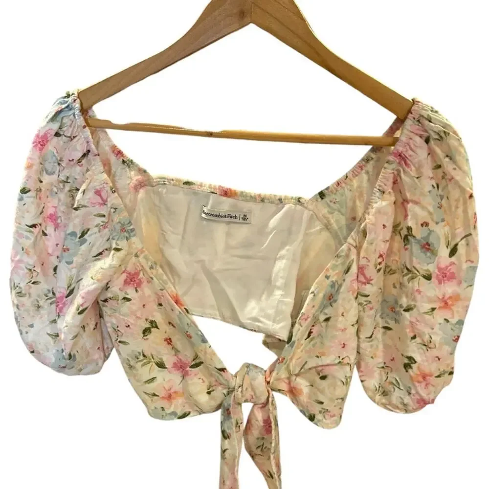 ABERCROMBIE & FITCH Women's MEDIUM Cropped Top Ditsy Floral Linen Puff Sleeve